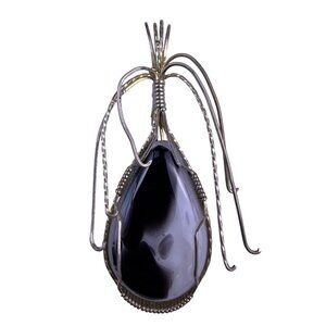 Handcrafted Silver Tone Wire Wrapped Pendant Teardrop Black & White Agate Stone